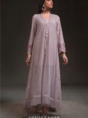 Ammara Khan Long Sleeve Lace Maxi Dress in Dusty Pink